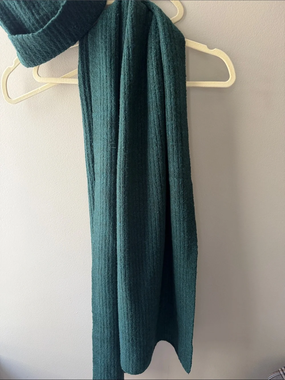 Madewell Dark Green Ribbed Knit Beanie and Scarf Set